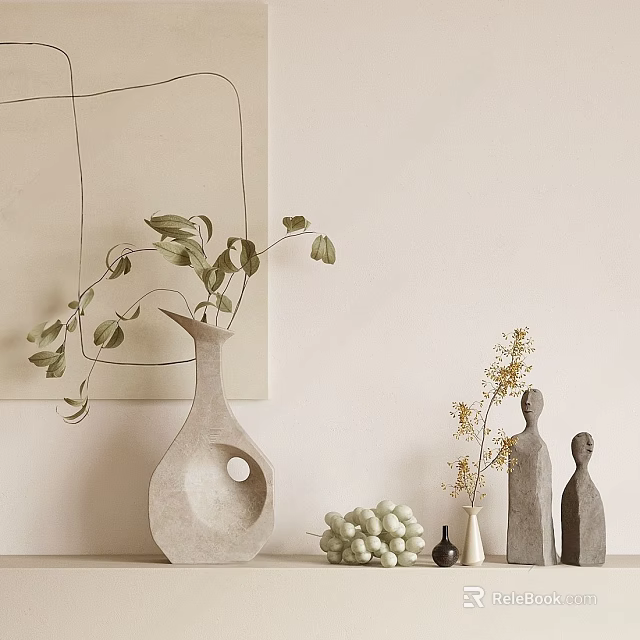 Decorative Ornament Set with Vase Green Leaves Abstract Figurines and Grape Decorations 3d model 