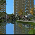 Tranquil Residential Landscape With High Rise Buildings Reflective Pond Green Trees And Pavilion Area