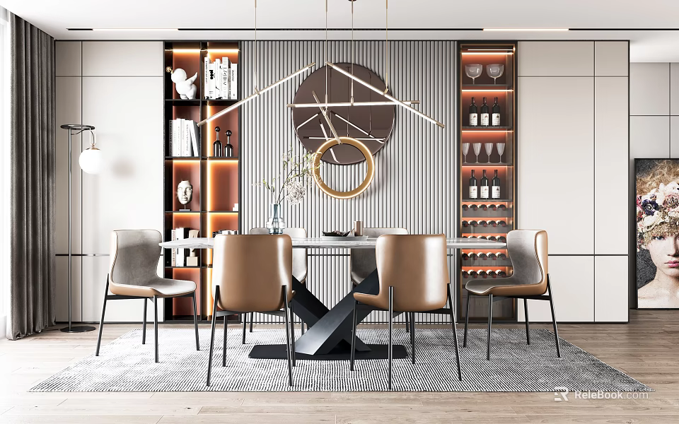 Modern Dining Table Set With Brown Chairs Pendant Light And Bookshelves 3d model