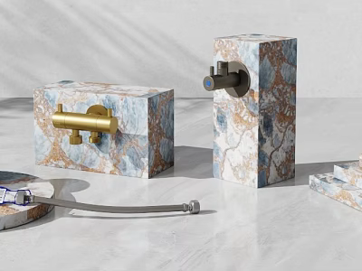 Modern Square Faucets With Marble Texture And Brass Handles On Light Countertop 3d model