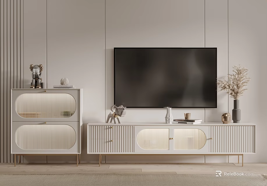 Elegant Modern TV Stand Design With White Cabinet And Gold Accents For Living Room 3d model 