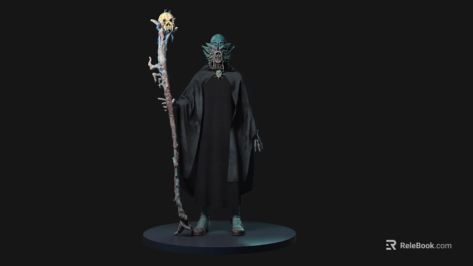 Mystical Game and Movie Character Standing With Green Head Mask Black Robe Holding Skull Staff 3d model 