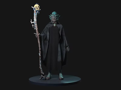 Mystical Game and Movie Character Standing With Green Head Mask Black Robe Holding Skull Staff 3d model
