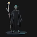 Mystical Game and Movie Character Standing With Green Head Mask Black Robe Holding Skull Staff