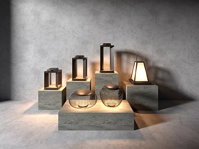 Modern Outdoor Lights With Metal Frames And Glass Shades On Concrete Pedestals 3d model