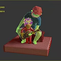 Game Movie Characters Adult Teaching Blonde Child to Play Guitar With Red Hat On Platform