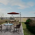 Courtyard Garden Design With Outdoor Table Chairs Red Umbrella Paved Floor And Lawn
