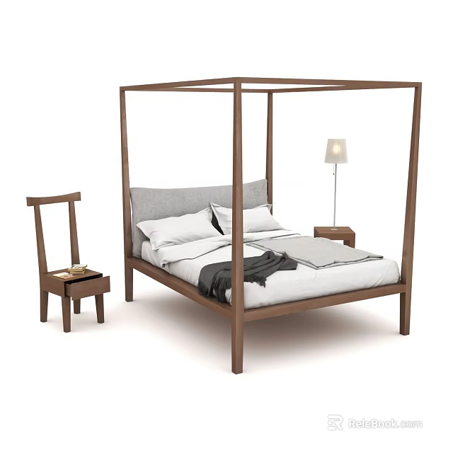 Modern Wooden Four Poster Double Bed With White Bedding Gray Cushions And Bedside Lamp 3d model 