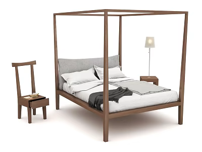 Modern Wooden Four Poster Double Bed With White Bedding Gray Cushions And Bedside Lamp 3d model