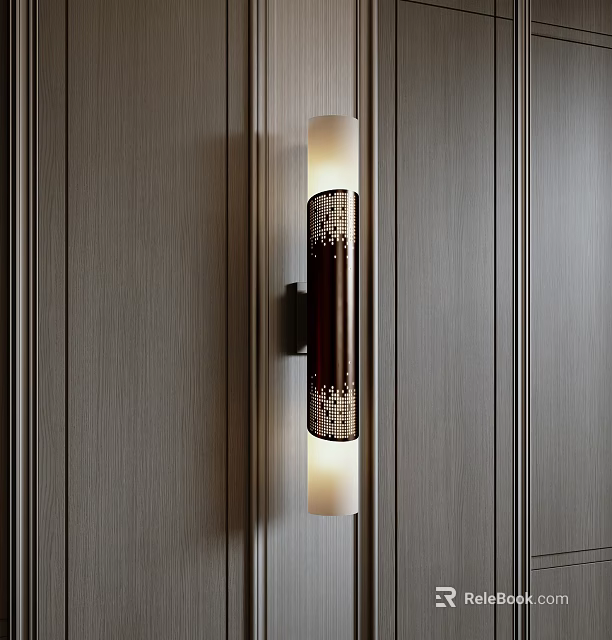 Sleek Modern Wall Light Mounted On Wooden Panel Wall With Frosted Glass Shade And Soft Ambient Glow 3d model 