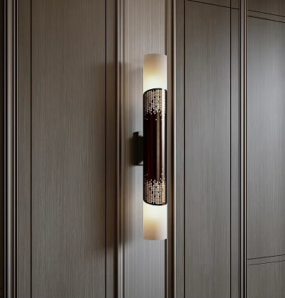 Sleek Modern Wall Light Mounted On Wooden Panel Wall With Frosted Glass Shade And Soft Ambient Glow 3d model