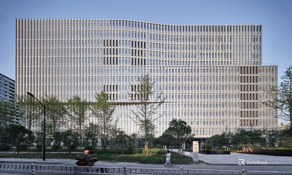 Modern Building With Glass Curtain Wall Metal Frames Landscaped Areas And Pedestrians Walking 3d model 