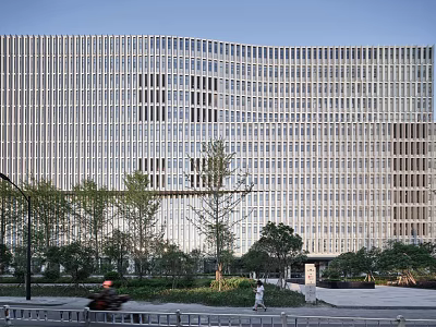 Modern Building With Glass Curtain Wall Metal Frames Landscaped Areas And Pedestrians Walking 3d model