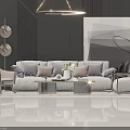 Modern Gray Sofa Coffee Table Set With Throw Pillows Armchairs Geometric Artwork And Lighting 3d model