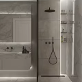 Modern Bathroom Interior Design With Marble Walls Large Mirror White Vanity And Shower Toiletries