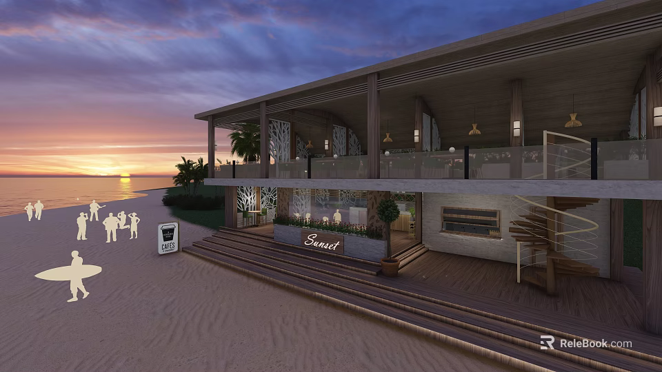 Beachfront Sunset Restaurant With Open Air Terrace Steps And Ocean View Lights 3d model 