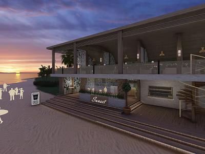Beachfront Sunset Restaurant With Open Air Terrace Steps And Ocean View Lights 3d model