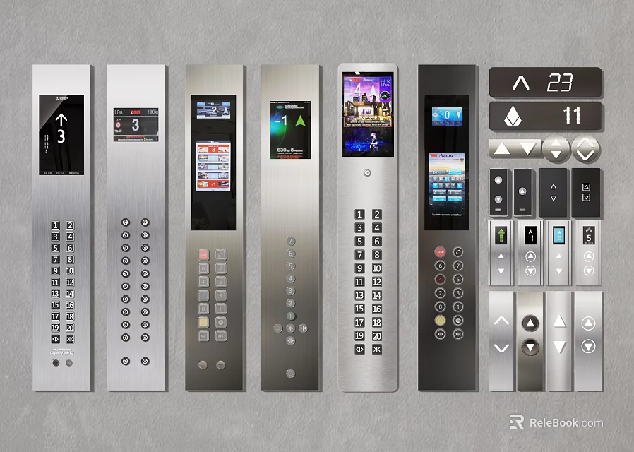 Modern Elevator Control Panels With Different Designs Buttons Displays And Floor Numbers 3d model 