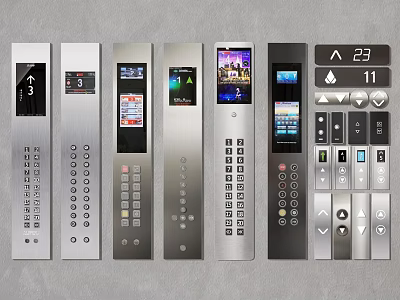 Modern Elevator Control Panels With Different Designs Buttons Displays And Floor Numbers 3d model
