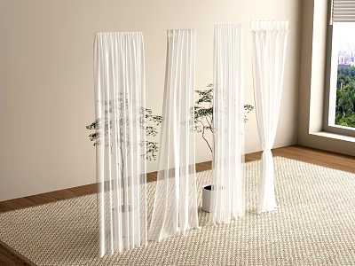 White Sheer Curtains in Modern Living Room with Indoor Plants and Scenic Window View 3d model