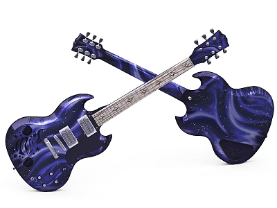 Crossed Electric Guitars With Blue Starry Artistic Painted Design And Glossy Finish 3d model