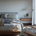 Minimalist Bedroom Interior With Cozy Bed Pillows Wooden Nightstand And Natural Light