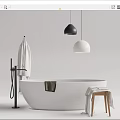 White Bathtub in Modern Bathroom with Black and White Pendant Lights a Towel and Stool