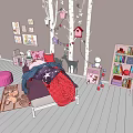 Cozy Single Sofa In Kids Bedroom With Birch Branches And Cat Rug