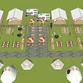 Scenic Outdoor Campsite With White Tents Dining Tables And Umbrellas Surrounded By Trees