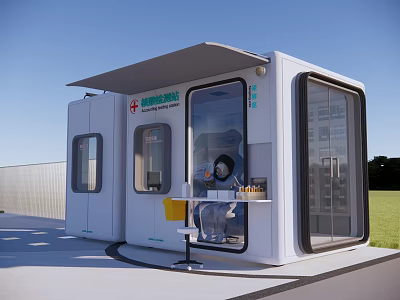 Mobile Nucleic Acid Testing Booth With Transparent Windows Staff And Outdoor Setting 3d model