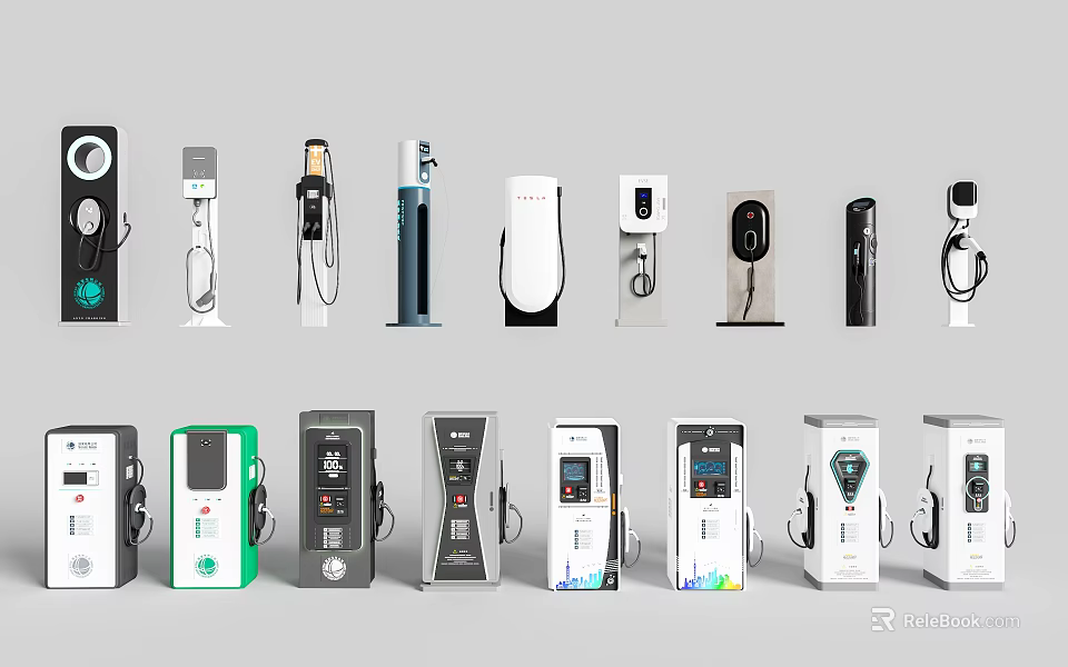 Public Electric Vehicle Charging Stations with Various Modern Designs and Styles 3d model 