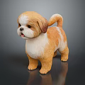 Brown And White Puppy Figurine With Shaggy Fur In Standing Pose On Dark Glossy Surface