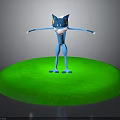 Blue Creature with Yellow Eyes Standing on Green Circular Platform Arms Outstretched