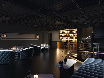 Modern Bar Interior Design With Dark Blue Velvet Sofa Bar Counter Wine Rack And Staircase 3d model
