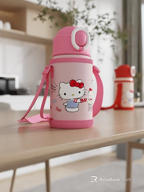 Cute Pink Vacuum Insulated Cup With Hello Kitty Design And Strap 3d model 