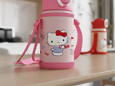 Cute Pink Vacuum Insulated Cup With Hello Kitty Design And Strap 3d model