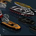 Two Different Boats Including Yellow Fan Powered Boat And Black Small Boat On Blue Water
