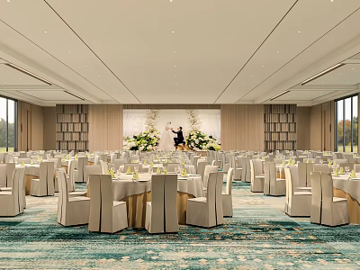 Elegant Restaurant Banquet Hall With Round Tables White Chairs Teal Carpet And Large Windows 3d model