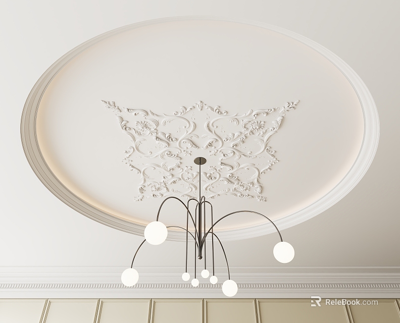 Ornate Round Ceiling Interior Design With Decorative Relief And Chandelier 3d model 