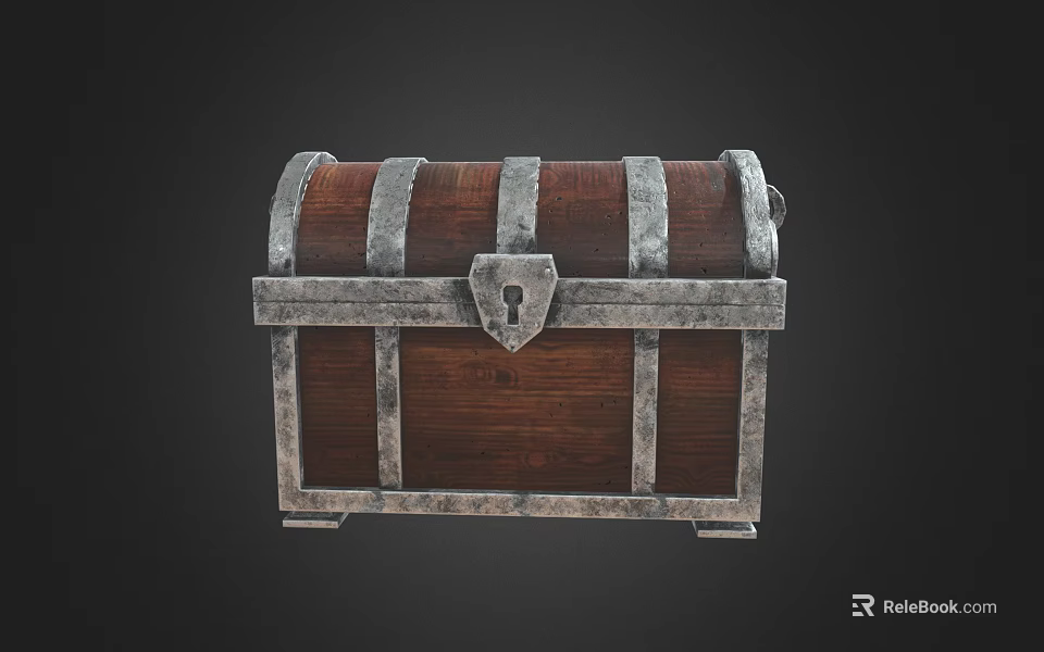 Antique Wooden Chest With Brown Wood Silver Metal Bands And Lock Design 3d model 