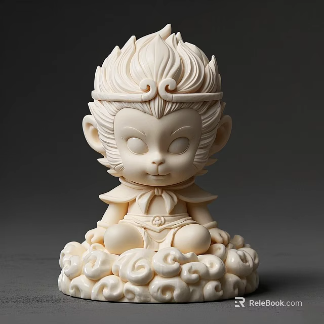 Cute Ivory White Cartoon Monkey Sculpture with Crown Head and Cloud Base 3d model