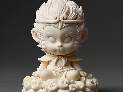 Cute Ivory White Cartoon Monkey Sculpture with Crown Head and Cloud Base 3d model