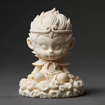 Cute Ivory White Cartoon Monkey Sculpture with Crown Head and Cloud Base 3d model