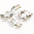Modern Minimalist Dining Table Set With Tables Chairs Bar Counter Green Plants And Decorative Bottles