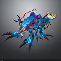 Blue Fantasy Creature With Red Streamers Horns Sharp Claws Pink And Yellow Accents