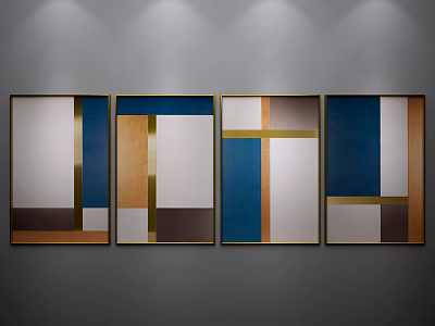 Modern Abstract Paintings With Blue Brown Gold White Tones And Gold Framed Wall Decor 3d model