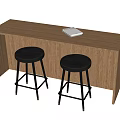 Wooden Bar Counter With Two Black Bar Stools And Notebook On Top 3d model