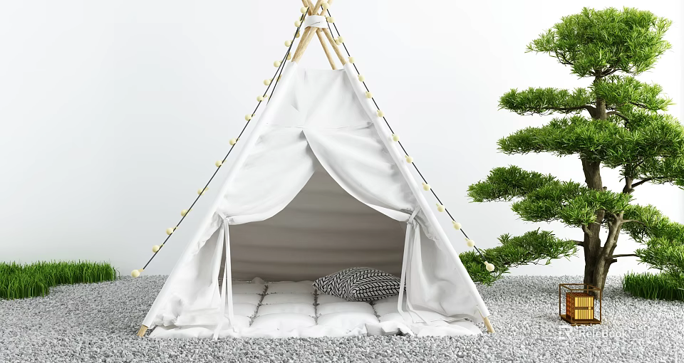 White Tepee Tent With String Lights And Mattress Near Green Plants On Gravel Ground 3d model 