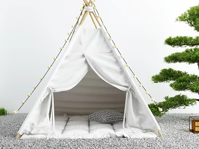 White Tepee Tent With String Lights And Mattress Near Green Plants On Gravel Ground 3d model