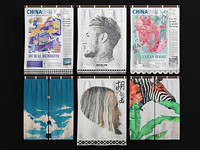 Kitchen Curtains with Various Decorative Patterns Including Newspaper Portrait Floral and Zebra Designs 3d model
